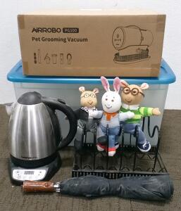 Pet Grooming Vacuum, (3) Arthur Plushes, Electric Tea Kettle, and More