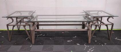 (2) 2'x 20"x 21" Patio Glass Top Metal Framed End Tables w/ (1) 4'x 2'x 18&frac12;" Matching Patio Glass Top Metal Framed Coffee Table