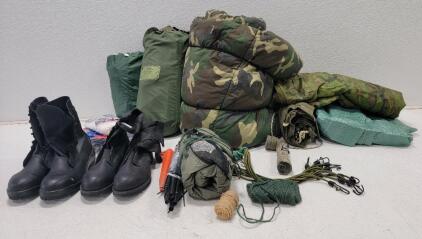(4) 2 Person Tents (All have poles) (1) NEW 9.5 Bellville black combat boots full leather (1) NEW 9.5 Bellville combat boots mesh side (1) Tarp (1)Camouflage Blanket Military Camping Setup