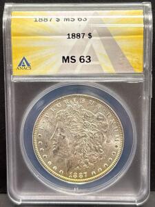 1887 Morgan Silver Dollar, ANACS MS 63, No Mint Mark (Philadelphia), Serial: 7452925