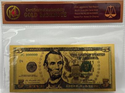 KL $5 Gold-Plated Banknote, 99.9% Pure 24k Gold, Serial JC 999999