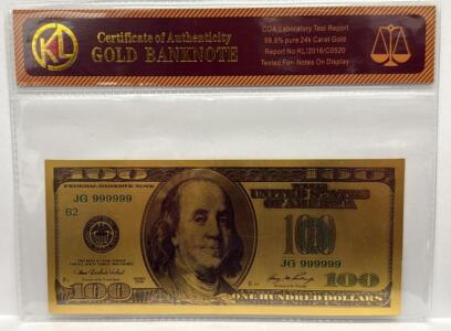 24k Gold-Plated $100 Banknote Replica, 99.9% Pure, Serial JG 999999, COA Included