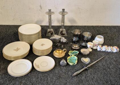 (31) Piece Gold Leaf Dinner Set, Candle Holders, Vintage Kitchen Decor, and More!