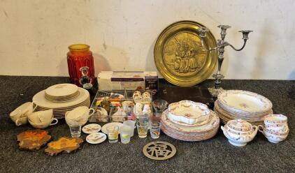 (22) Piece Dinner Set with Flowers, (19) Piece Gold Weat Dinner Set, (2)Candle Holder, Kitchen Accessories, Poker Chips, (9) Shot Glasses, And More!