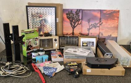 (2) Drawer Organizer, (2) Floor Mats, (3) Black Picture Frames, (2) Landscape Art Pictures, (2) Portable Heaters(Works), Metal Storage Box, Glue Gun(Works), (2) Hot & Cold Gel Compression Box Nails, Pet Bundle (Vitamins, Wipes, Flea Comb Kit, Leash, Hair