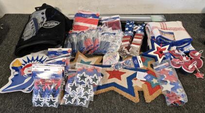 Independence Day Bundle! (Outside Rug, (2) Reversible Rugs, (5) Cup Cake Cups, (2) Table Bunting, (2) Tinsel Banner, (3) Table Cover, Serving Plate, (5) Napkins, (13) Star Glasses, (6) Piece Bags, Sun Glasses, Chain Garland, Decor, (8) Cutlery Sets), Wind