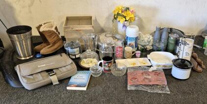 (2)Pots, Big Pan, Small Vintage Cake Stand, (2) Margarita Glasses, Coffee Cups and Stand, (5) Water Bottle/Thermos, Vases, Candy Dishes, Bake Ware, Home Decor, LapTop Bag, Boots(Size 7) and More!