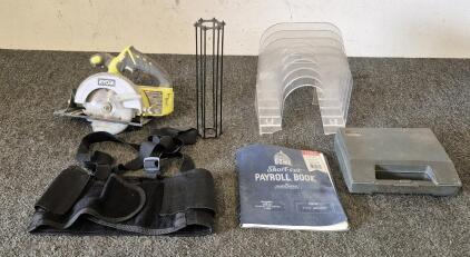 Ryobi ONE+ 18V Cordless 5 1/2 inch Circular Saw, Short Cut Payroll Book, J.C. Penney Micro Workshop Hobbyist Rotary Tool Set(Works), File Storage, Back Brace and Other.