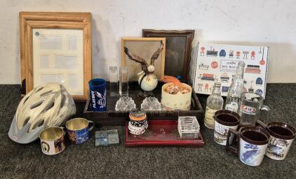 Great Home Decor With Some Collectors Cups! (2) Display Trays, (5) Candle Holders, (5) Wooden Picture Frames, Cute Little DIY Doll House, (3) Fishing Mugs, (2) Coffee Tin Cups, Pretty Decorative Sells, Cool Eagle Statue, Bike Helmet