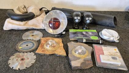 (3) Saw Blades, (2) SpotLights(Works), Heat Lamp(Works), Husky Flash Light, Camping Bowl, Digital Thermostat New, (2) Rock Decorations, Commercial Blower Parts