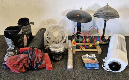 (2) Fans(Works), (2) Lamps(One Works), Dirty Devil(Works), Garlic Roaster(Works), Snow Board Boots(Size 280-320 SX), Yoga Pad, Bona Cleaning Pad, Christmas Ornaments New, Kids Toy