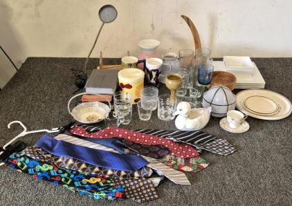 (6) Tall Glass Cups, (5) Small Glass Cups, (2) Coffee Mugs, (2)Espresso Glass Cups, Vase, Jug, Square Plate and Bowl Set, (3)Bibles, Tea Cup and Saucer, Table Lamp(Works), (10) Nice Neck Ties and More!