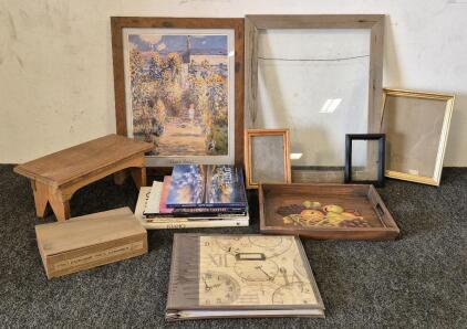 (3) Idaho Books, (4), Music Books, (5) Picture Frames, Wooden Box, Wooden Step Stool, Photo Album Book, Wood Tray