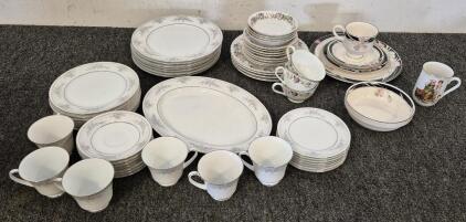 Beautiful China Dishes! Small Set From Sango Made In Korea(Large Plate, Small Plate, Yea Cup and Plate, Salad Bowl), Another Small Set From Creative Made In Japan(4) Plates, (4) Dessert Plates, (4) Tea Plates with(3) Tea Cups, (4) Dessert/ Ice Cream Bowls