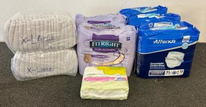 (8) Bags Of Extra Large Adult Diapers And (1) Pack Of Panty Liners