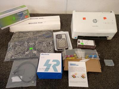 HP ScanJet Pro 3000 s3 Printer w/ extra Color Ink Cartridges. (2) Mouse Pads Iphone 14 Pro Max Black and Silver Cell Phone Case With Card Holder And Much More