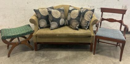 (1) Green Couch, (4) Decorative Pillows, (1) Chair,(1) Stool