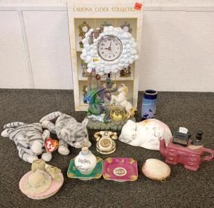 Cadona Dragon and Unicorn Clock. (2) Kitty Cat Beanie Baby's. Assorted Porcelain Figurines