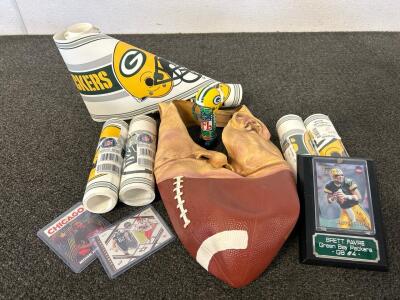 Greenbay Packers Table Runners, Rubber Mask, Brett Favre Card, Michael Jordan Card, and Jason Kelce/ Travis Kelce Card