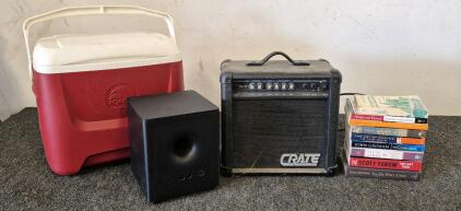 Crate Speaker(Works), Vizio Subwoofer Speaker, (9) Books( The White Jacket, Conservatives Without Conscience, The Last Trial, Lilac Girls, The Da Vinci Code), Cooler