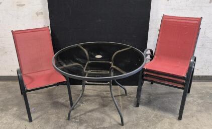 Patio Round Glass Table and 4 Red Chairs