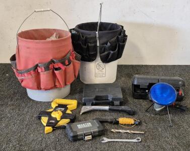 (2) Tool Buckets, Drexel Kit, (2) Drill Bit Kits, Tape Measure, Blue Light(Works), Miscellaneous Tools