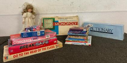 Lot Includes Vintage Monopoly, Other Vintage Games, Books And Vibatge Collectible Doll