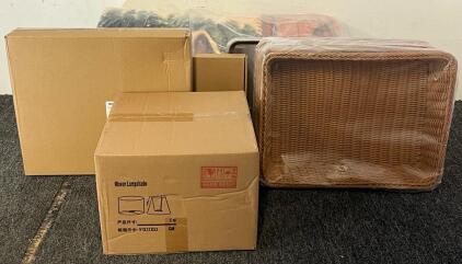XL Cabin / Bear Themed Area Rug (Unable To Take Measurements), Pet Heated Pad W/ Cover, Sheet Pans, Wicker Baskets & More