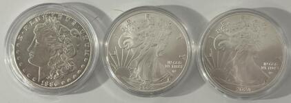 1886 Morgan Silver Dollar, 2023 American Eagle Silver Dollar & 2024 American Eagle Silver Dollar