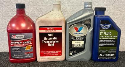 Brand New!! (1) Valvoline Full Synthetic 20W- 50 Motor Oil, (1) Pute Polaris Premium LT Fluid Front Gearcase Fluid For LT Deman Front Drives, (1) Isuzu Genuine SCS Automatic Transmission Fluid, (1) Penray Winter Thaw Emergency Diesel Treatment