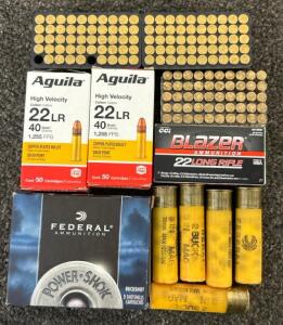 2 Packs Of Aguila High Velocity 22 LR 40 Grain 1,255 FPS (50 Cartridges), Federal Ammunition 5 Buckshot Shells 2&rdquo; GA 3 IN Buckshot, And Blazer Ammunition 22 Long Rifle,