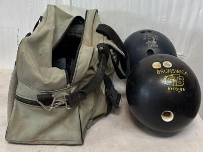 (2) Vintage Bowling Balls & (1) Vintage Brunswick Bag