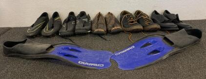 Lot Of (3) Pairs Of Shoes, (2) Pairs Of Cleats And A Pair Of Flippers