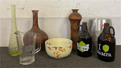 Decorative Glass Vases, Fall Decor Bowls, (2) Growlers, And Drafts Hamms Beer Tapper Container
