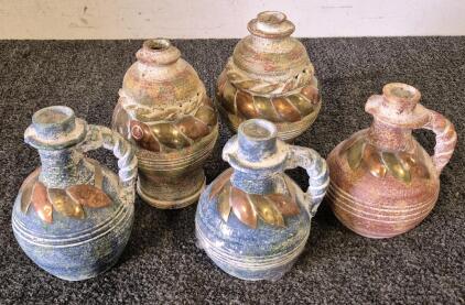 (5)Vintage Textured Clay Pitcher with Applied Brass & Copper Accents