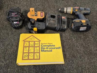 Ryobi 18V Screw Driver(Works), (3)18V Battery's and Charger(Works), Pink Power 20V Battery and Charger(Works), Do It Yourself Book