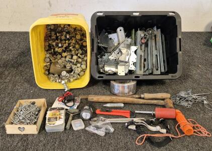 Vintage Hammer, Vintage File, Box Of Nails, Wrench, Tube Repair Kit, Galvanized Steel Building Materials, Multi-Function Toolbox System, Specifically the Brackets, Nuts, Bolts, and Washers, and More!
