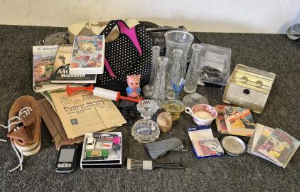 Vintage Toys and Newspaper, Glass Vases, Wood Puzzle Box, Leather Shoes(Size 9), Purses, Lunch Bag, Phone, Battery Charger(Unable to Test), and More!