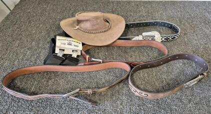 (4) Real Leather Belts, Suspenders, and A Genuine Jackaroo Leather Hat