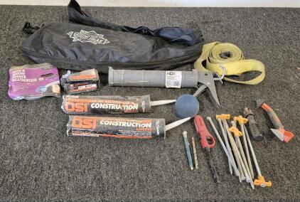 Caulk Gun, (2)Construction Adhesive, Auto & Marine Rubber Weatherseal( 5/16"H&times;23/64"W&times;17"L), Drywall Screws, Strap, Tent Stakes, Hunting Gear Bag and More!