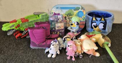 Bluey Lovers Lot! (Stuffed Animals, Toy Bin, Table/Tray, Scooter Electronic Toy(Works), Gift Bag Set), New Lands End Kids Snow Boots(Size 7M), Electronic Dino Car Carrier(Works), Spark Dino Head Rider(Works)