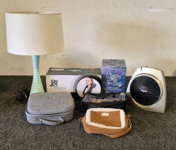 Lamp(Works), Tornado Heater Fan(Works), EnJoy Shiatsu Massager with Heat(Works), Scentsy Chasing Fireflies Wax Melt(Works), Power Percussion Deep Tissue Massager(Works), Bearpaw Purse, Scentsy Bag of Wax Melts