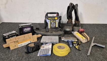 Stanley Battery Starter(Works), Super Start Power Sport Battery, Duralast Gold Power Sport Battery, Polish Tools, Sider Tool, Head Light(Unable to Test), Men's Boots, Paint Roll, Window Squeegee, Brush, Danger Tape, (2)Construction Tape, Precision Mitr