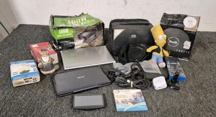 400W Metal Dog Machine(Unable to Test), HP Photo Printer(Unable to Test), Super Cleaner Vacuum(Unable to Test), 100 Mini Colored Lights(Works), 50 Mini White Lights(Works), Samsung Notebook(Unable to Test), Asus Mini Laptop(Unable to Test), Tomtom GPS(Una