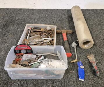 Carpet Shield, Hammer, Scraper, Cobalt Box Cutter, (2) Boxes of Miscellaneous Tools(Screws, Nails, Screwdriver Bits, Nuts, Bolts, And More!)