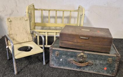 Vintage Metal Crib, Vintage Potty Seat, Vintage Chest, Vintage Silverware Box
