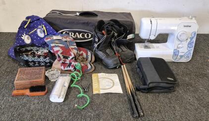 Brother Sewing Machine, World Wide Dream Builders Amway Training and Education DVDs, Success DVD, Graco Play Pen, Waterpik Tooth Brush Wooden Box, Brush, Back Pack, Purse, Kids Snow Boots(Size 6), Blazing Roxx Slippers(Size 11/12), Small Pool Sticks, Spri