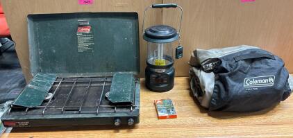 Coleman Propane Stove, Lantern, Twin Sized Air Mattress, and Ozark Trail Emergency Blanket
