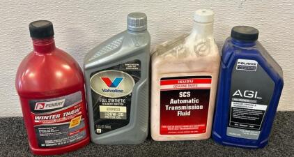(1) Valvoline Full Synthetic 20W- 50 Motor Oil, (1) AGL Full Synthetic Gearcase Lubricant And Transmission Fluid, (1) Isuzu Genuine SCS Automatic Transmission Fluid, (1) Penray Winter Thaw Emergency Diesel Treatment