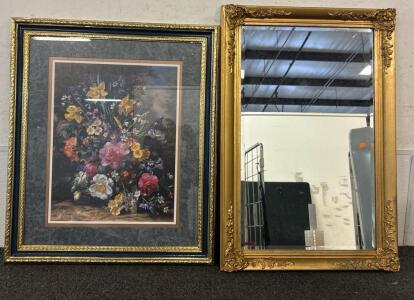 Gold Colored Boarder Mirror (30 Inches X 20 1/8 Inches) And Floral Print Framed In Gold Color (27 3/8 Inches X 23 1/2 Inches)